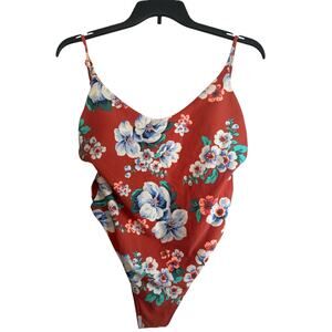 Aerie Swim One Piece Floral Orange Women's Large Adjustable Straps Swimwear